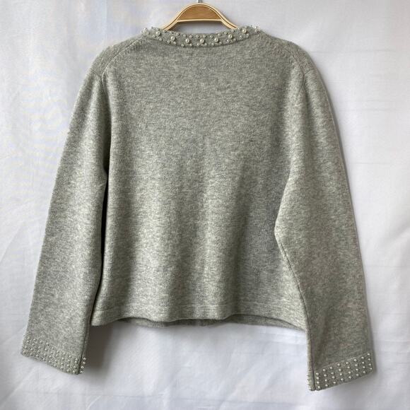 Ann Taylor Pearlized Trim Lady Jacket Cardigan Sweater Women XL Gray Old Money - Picture 2 of 11